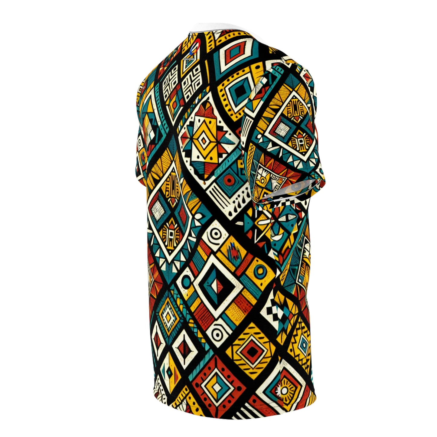 Vibrant African Storytelling Geometric Diamond Tribal Pattern T-shirt in Bold Colors - African Tribal Pattern-Inspired Tee