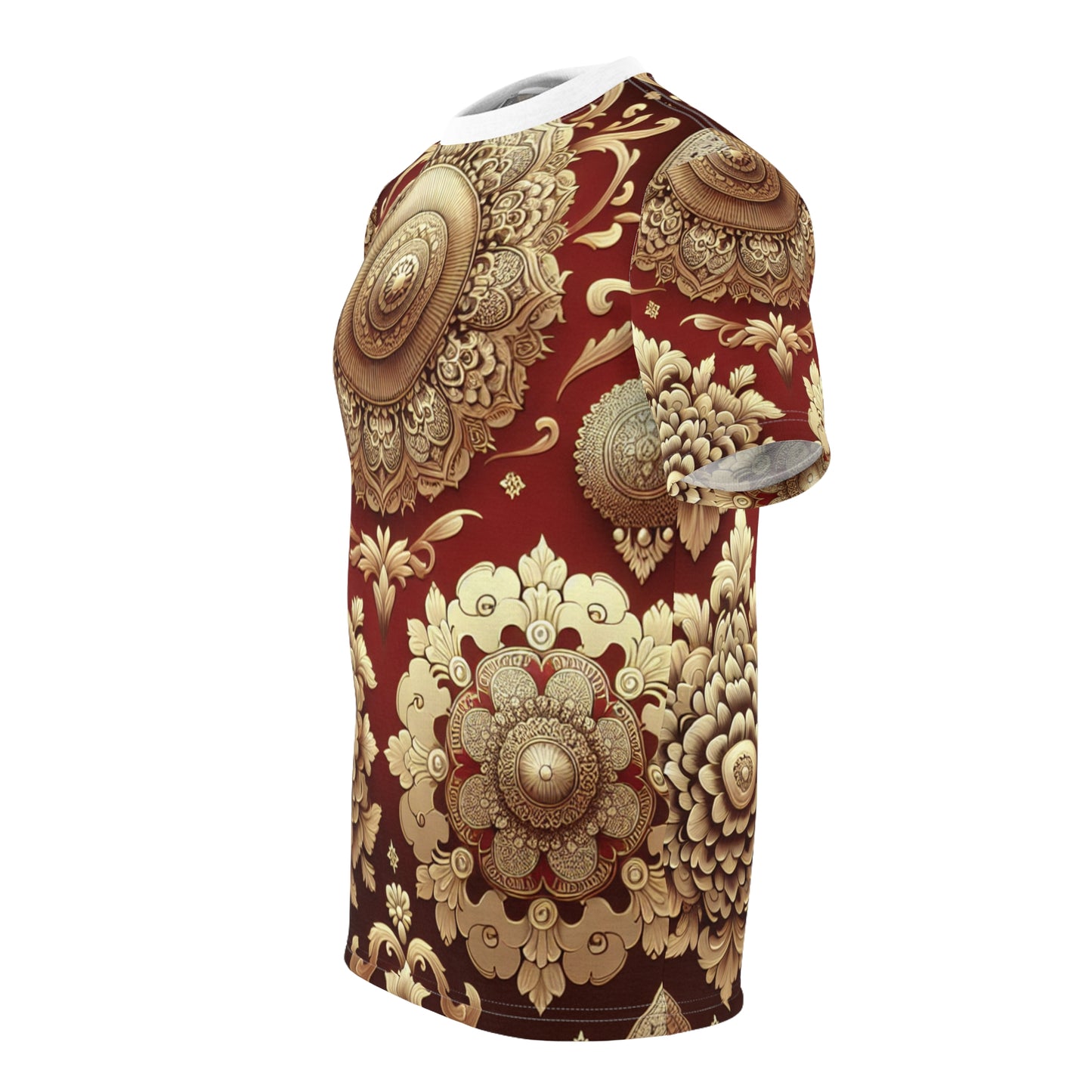 Exquisite Gold on Red Indian Motif Seamless Pattern T-Shirt: Intricately Designed Traditional Elements, Balanced Geometric and Floral Arrangement Tee