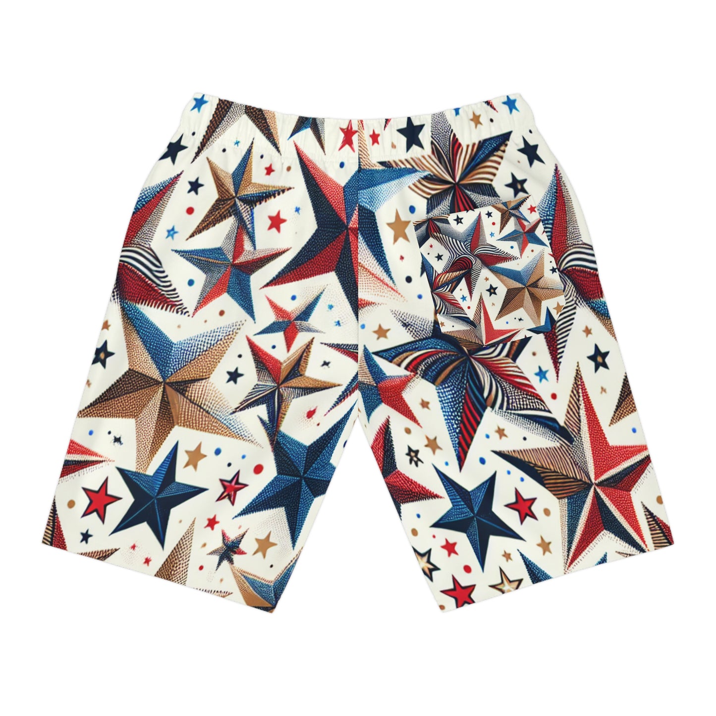 Patriotic Festive Star Pattern Shorts - Independence Day Joyful, Red Blue & Gold, For Celebrations - Patriotic Streetwear Shorts