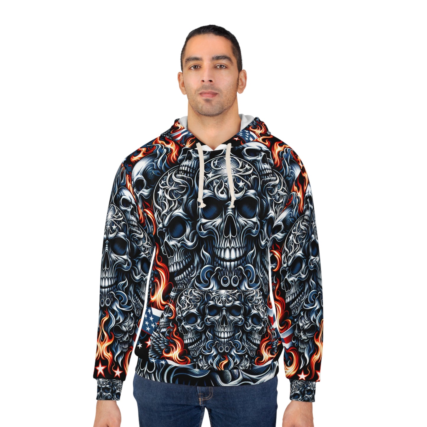 Inferno Patriot: Tattoo Artistry Hoodie Fused With Daring Skull Emblem & American Pride - Patriotic Streetwear Hoodie