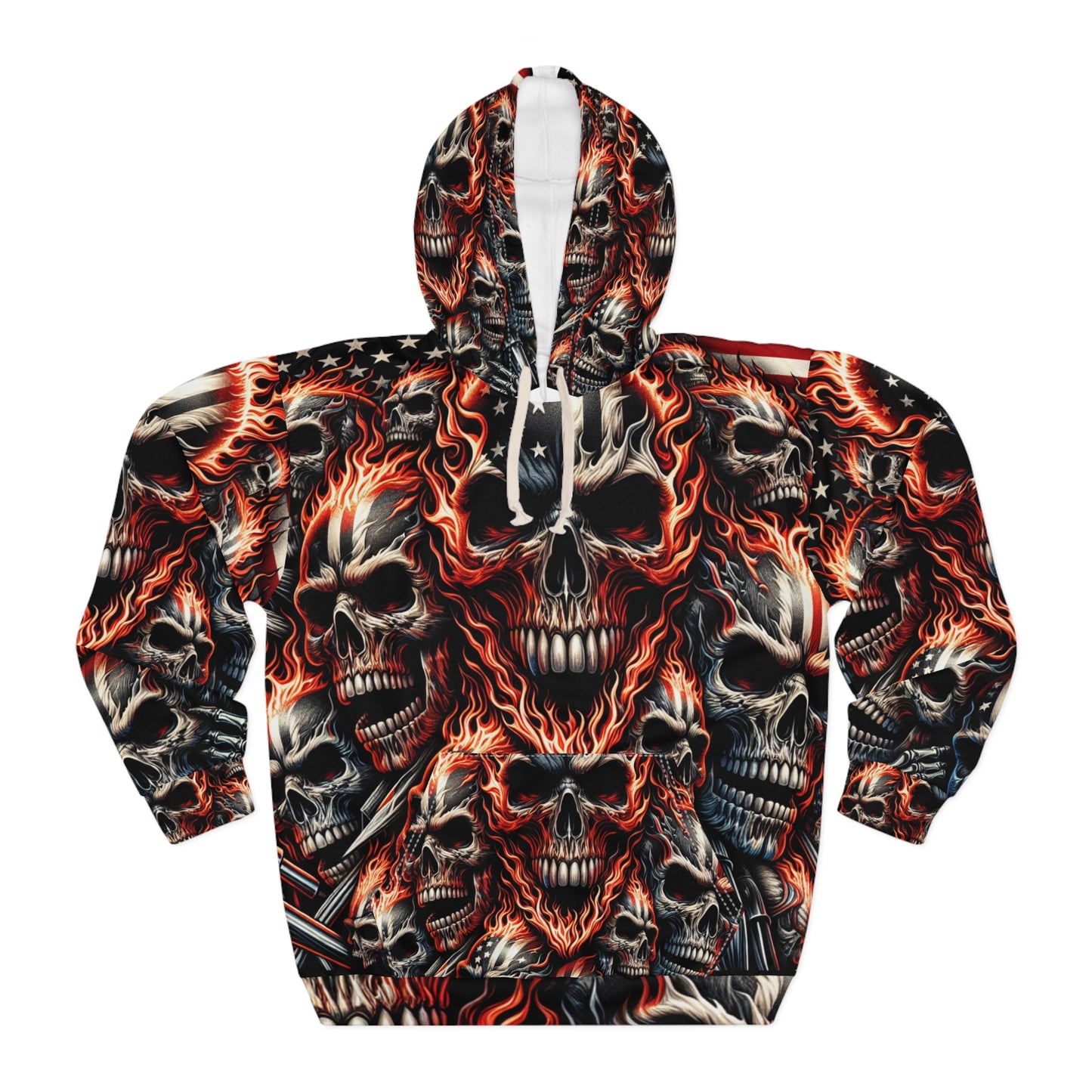 Patriotic Flaming Skull Hoodie Tattoo Style Skull Design Stars and Stripes Fiery Flag - Patriotic Streetwear