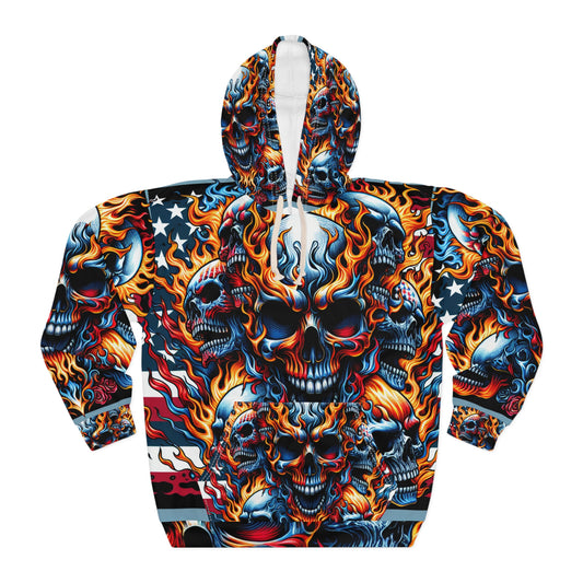 Patriotic Skull Hoodie Densely Packed Flaming Skulls with Bold Stars and Stripes - Patriotic Streetwear