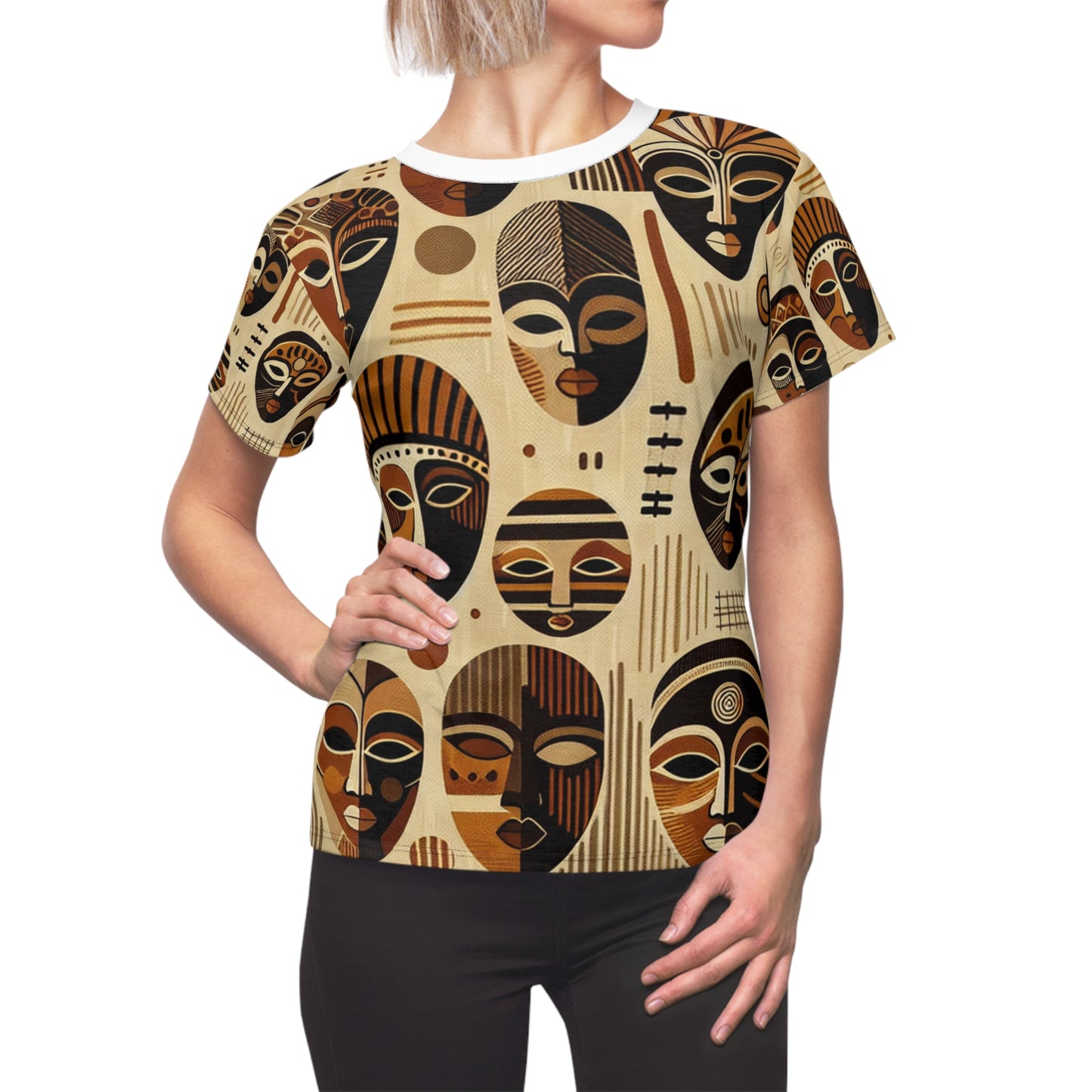 Elegant African Heritage Women's T-Shirt - Sophisticated Monochrome Mask Tapestry with Vivid Orange Accents - African Tribal Pattern-Inspired