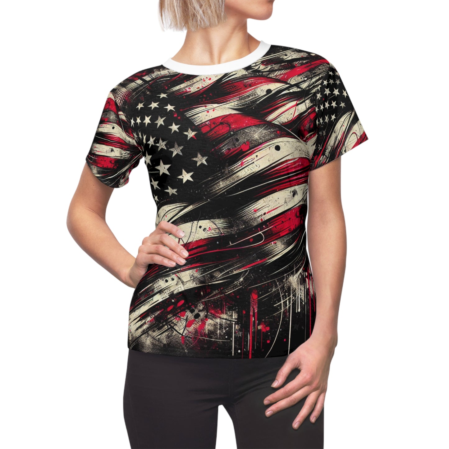 Grunge Patriot: Distressed & Splatter-Painted USA Flag Women's Streetwear T-shirt - Patriotic Streetwear Tee