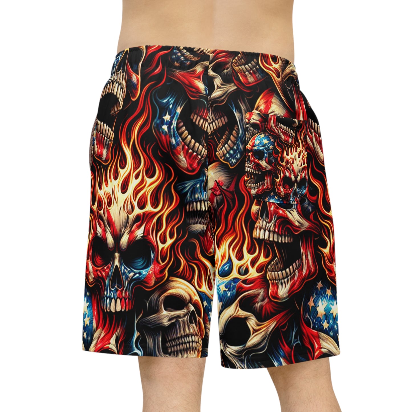 Flaming Skull Tattoo Fusion: Patriotic Fervor Men's Shorts - Patriotic Streetwear Shorts