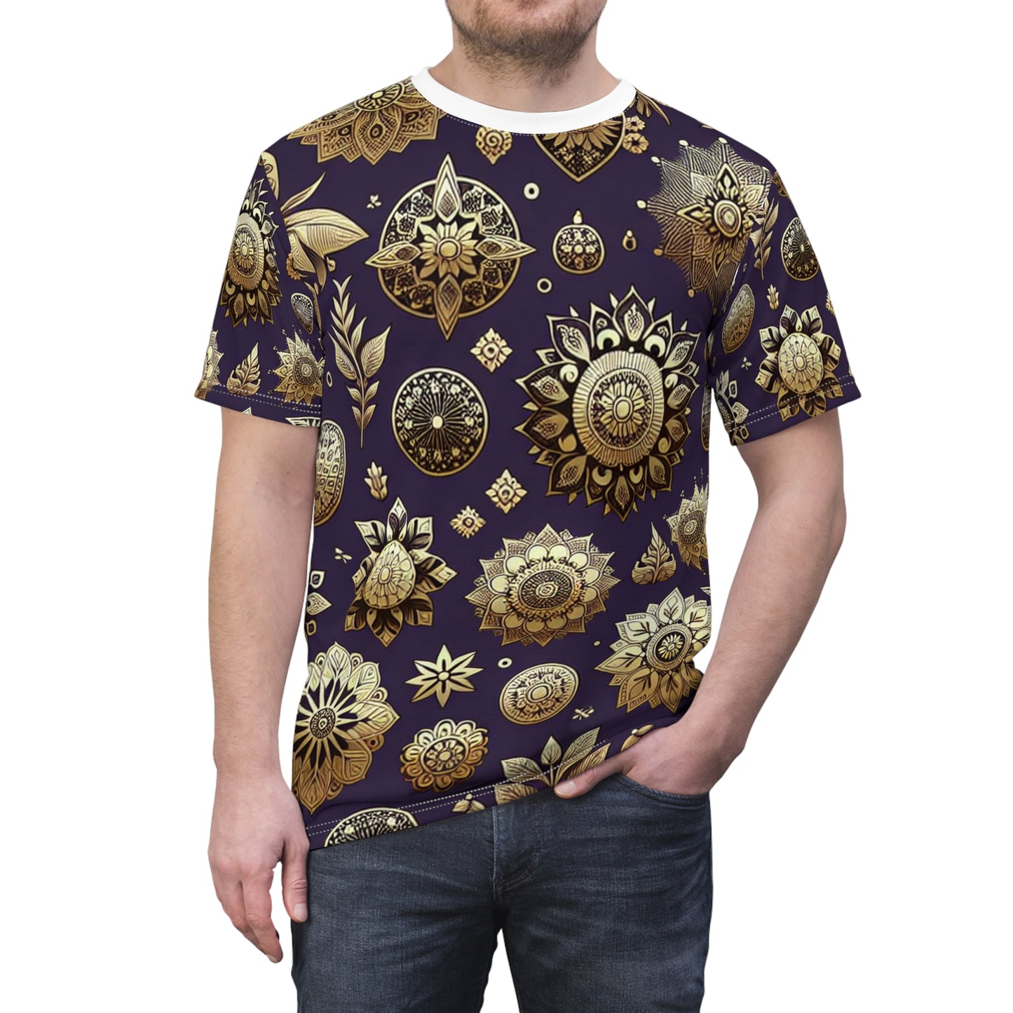 Gold Reflections on Purple: Seamless Indian Motif Pattern T-Shirt, Intricately Designed Traditional & Modern Design Elements - Traditional Indian Motifs Tee