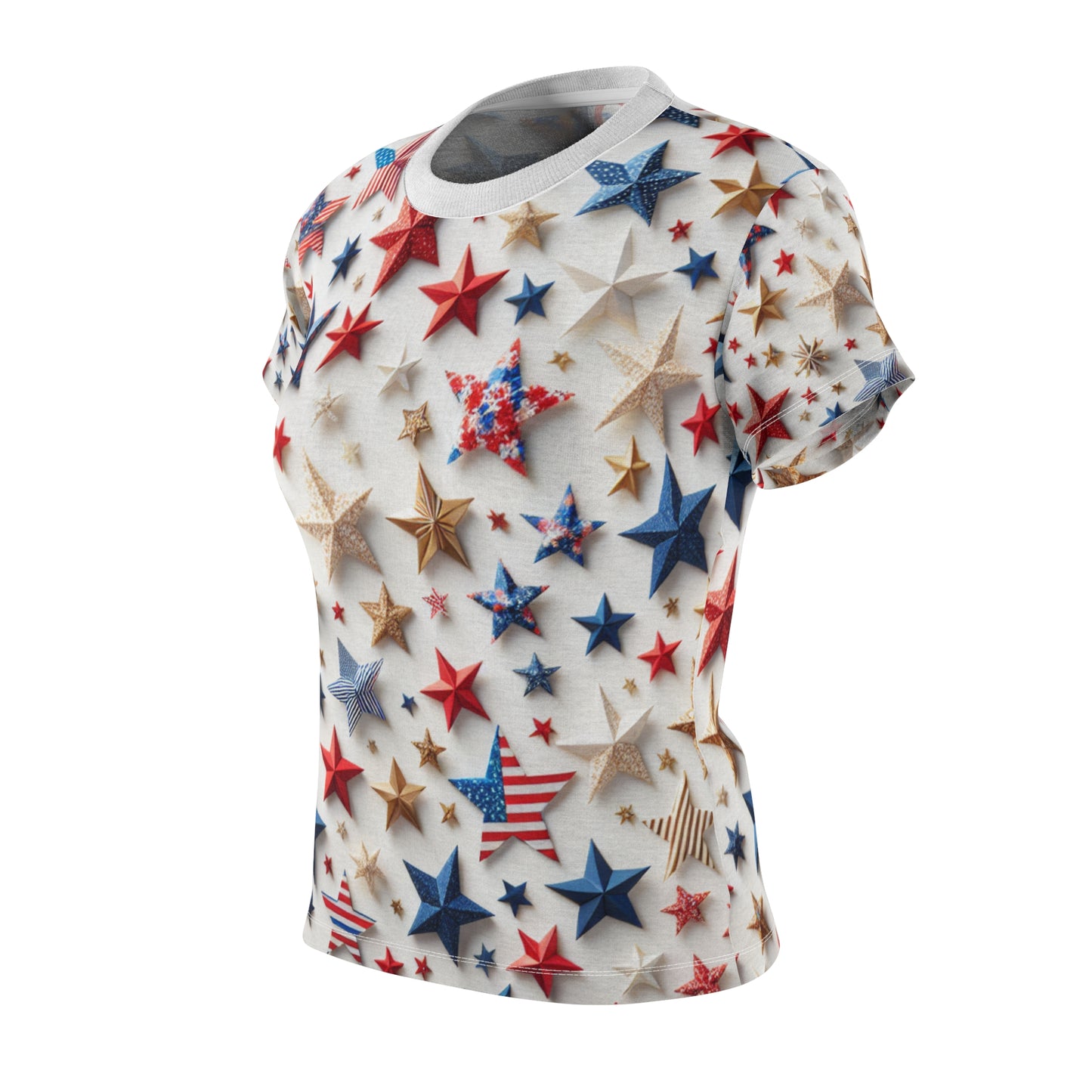 Festive Patriotic Star Pattern Women's T-Shirt - Red, Blue & Gold Celebration Top for Independence Day - Patriotic Streetwear Tee