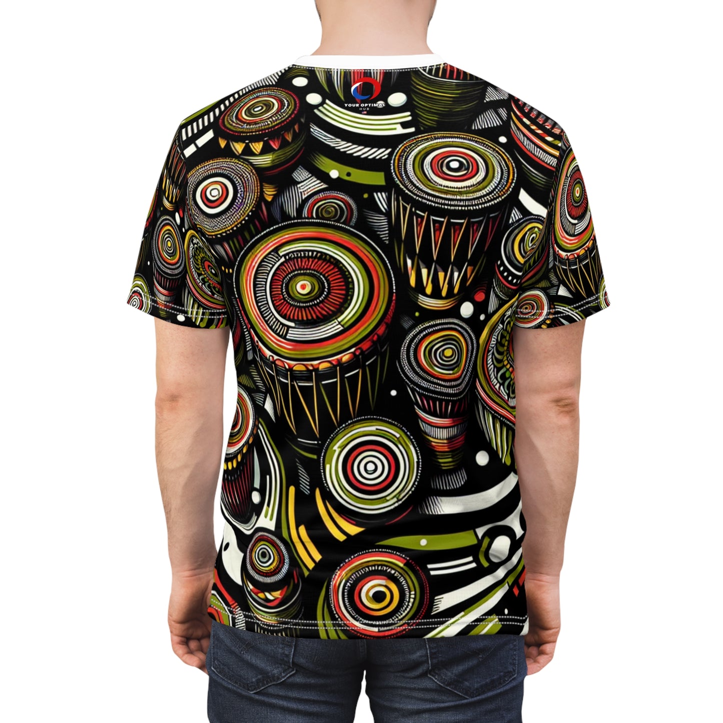 African Drum Dance Vibrant T-Shirt - Bold Kaleidoscope Pattern in Black, Red and Lime Green - African Tribal Pattern-Inspired Tee