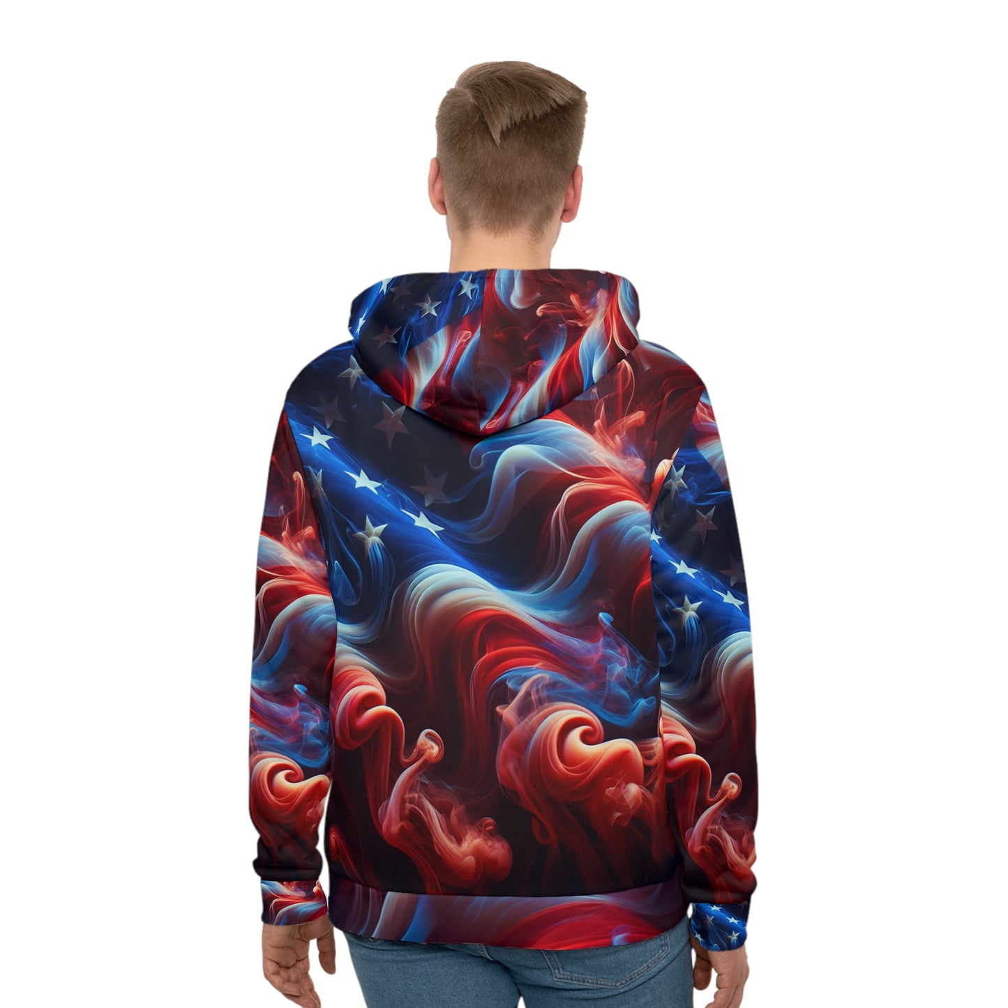 Mystical Dreamland USA Flag Infused Sweatshirt - Artistic Fluid Smoke Design Unisex Hoodie - Deep Red to Rich Blue Transitioning Colors