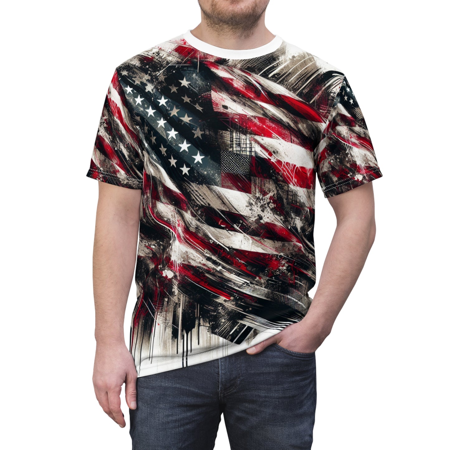 American Resilience: Distressed Flag Graffiti Splatter Grunge Streetwear T-Shirt - Patriotic Streetwear Tee