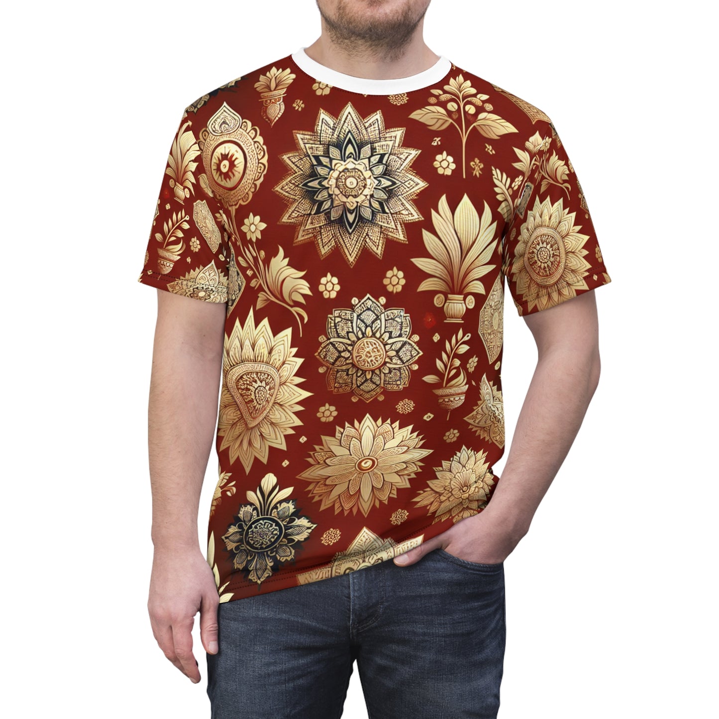 Traditional Indian Motif T-Shirt - Gold & Red Seamless Pattern - Floral and Geometric Design - Intricate Style for Modern Design - Indian Streetwear Tee