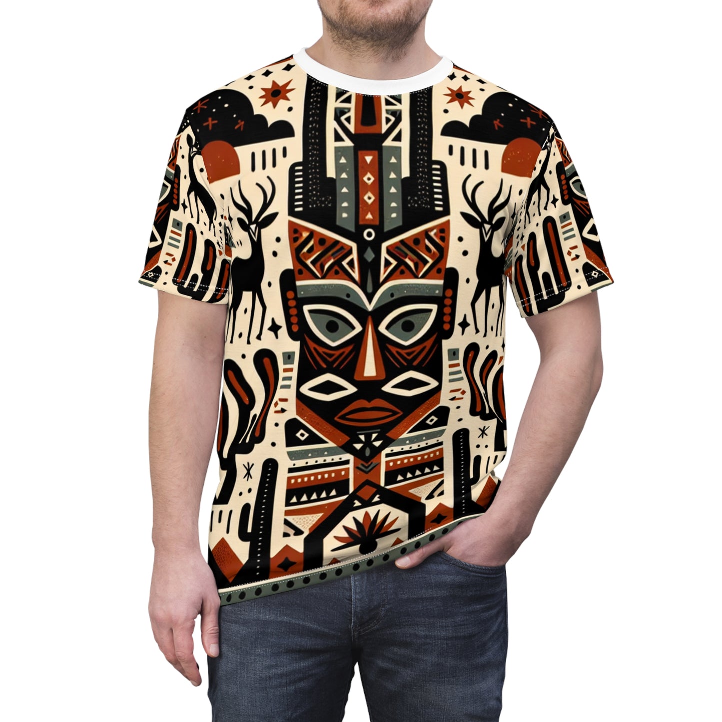 African-Southwestern Fusion T-Shirt: Tribal Totem with Geometric Wildlife in Warm Earthy Tones - African Tribal Pattern-Inspired