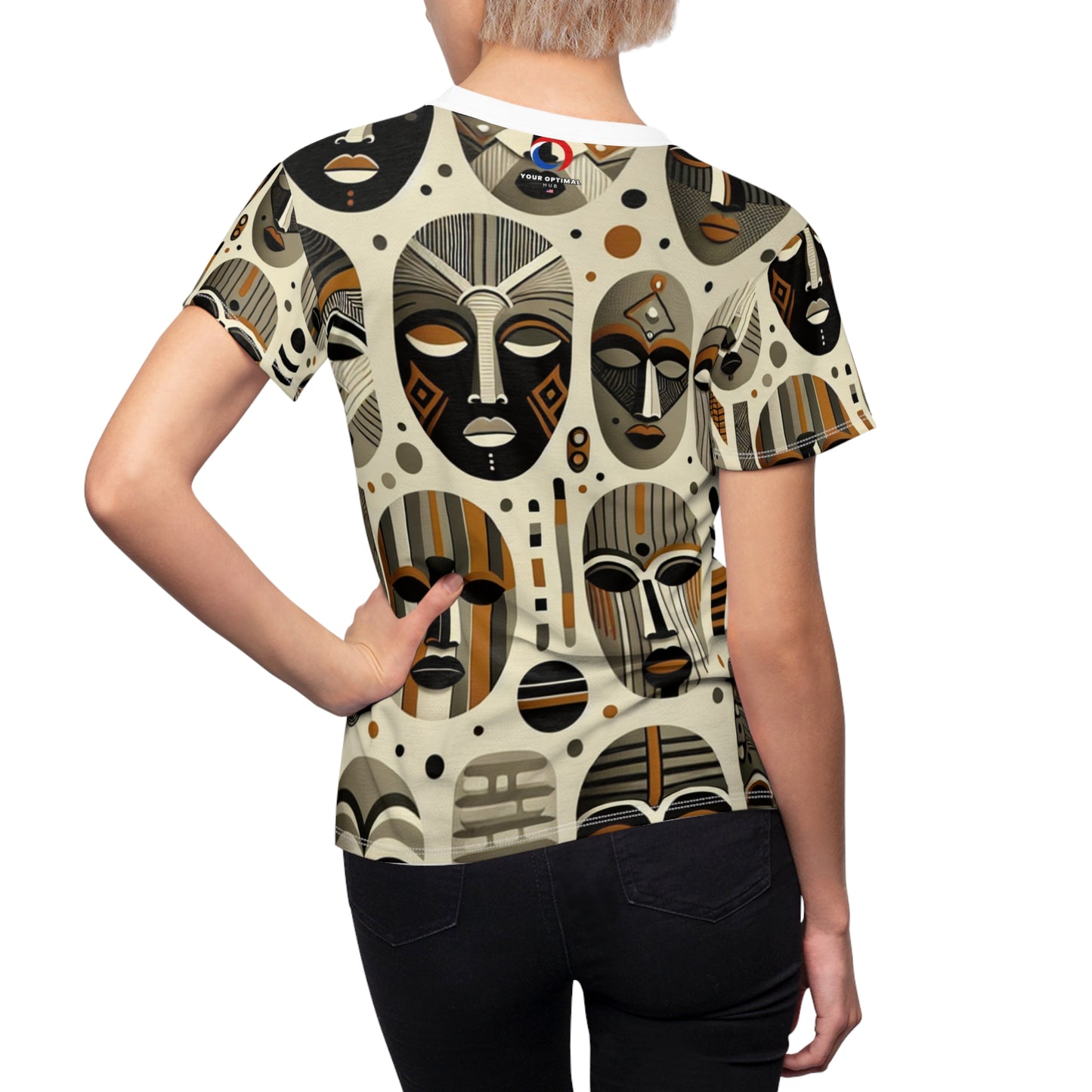 African Heritage Artistry: Women's Tee with Rich, Monochromatic Masks Tapestry, Modern Meets Tradition - African Tribal Pattern-Inspired