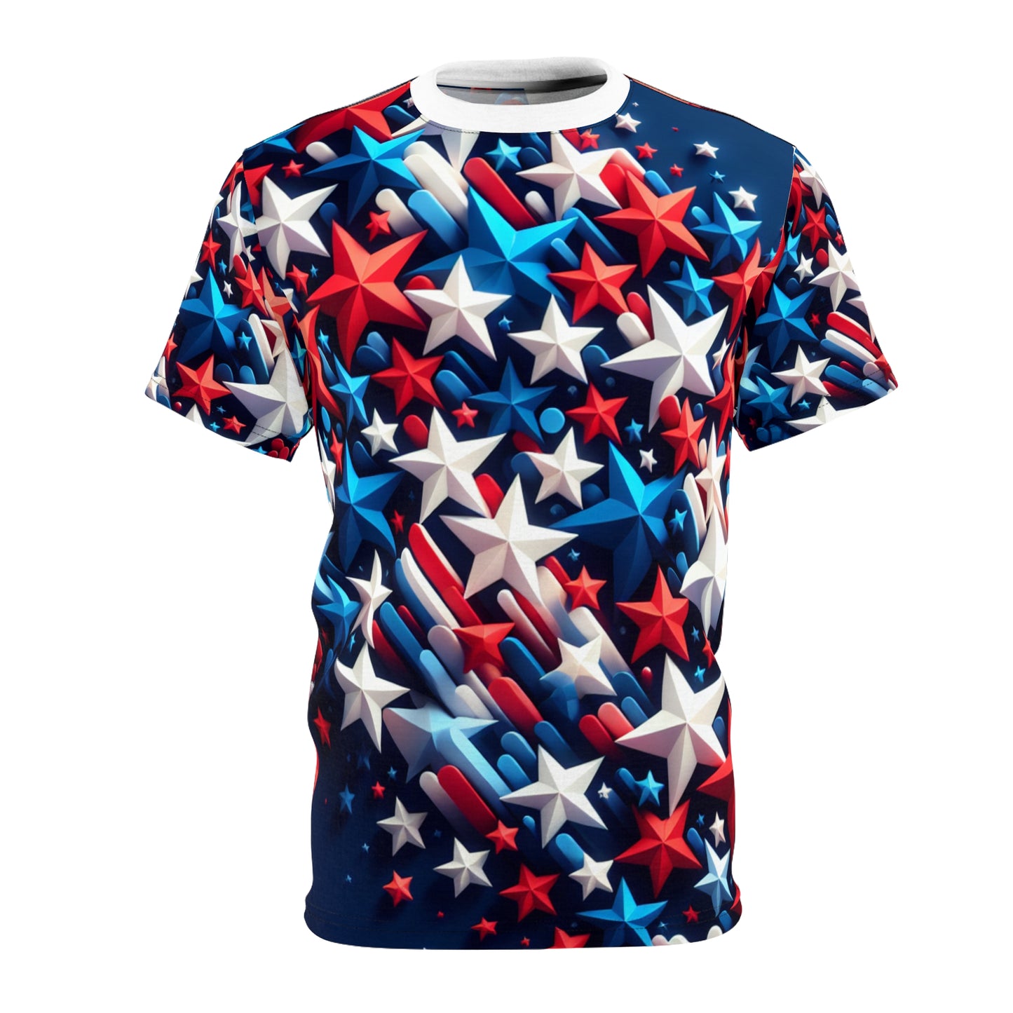 Vibrant 3D Stars Design T-shirt: Red, White & Blue - Patriotic Celebration Tee on Rich Navy Blue - American Streetwear