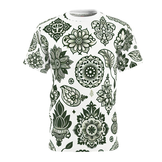 Green on White Indian Heritage Motif T-Shirt - Timeless Design, Traditional Floral & Geometric Patterns - Traditional Indian Motifs Tee