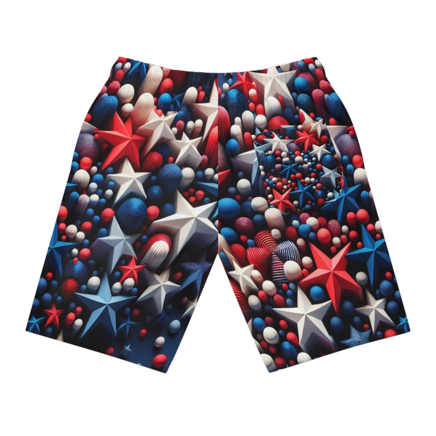 Stellar Splash: 3D Red, White & Blue Starry Patriotic Shorts on Midnight Hue - Patriotic Streetwear Shorts