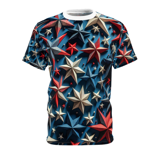 3D Patriotic Starburst T-Shirt - Vibrant Red, White & Blue Star Design on Deep Blue Background - Patriotic Streetwear Tee