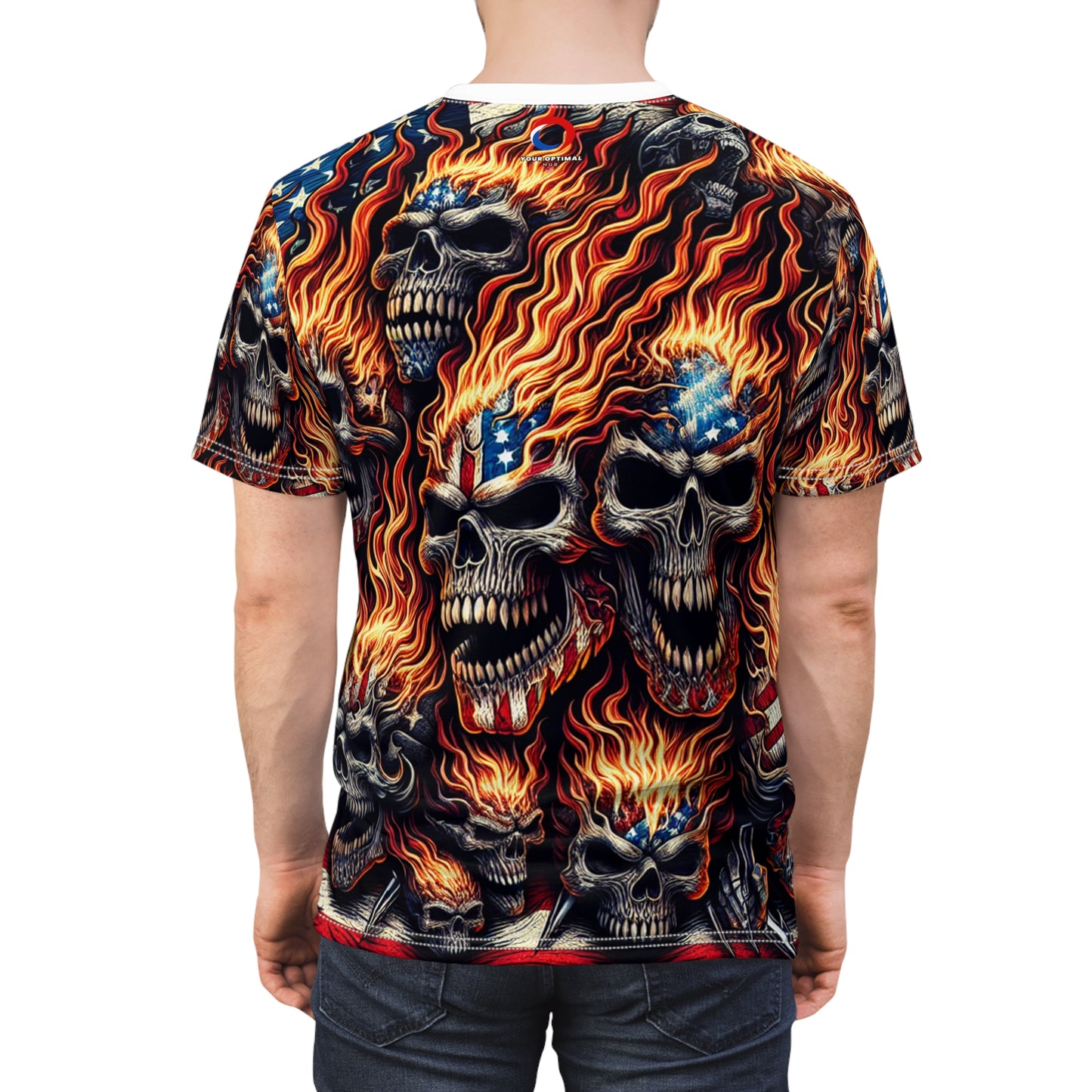 Patriotic Inferno: Scarlet Skull Cascade T-Shirt - Patriotic Streetwear Tee