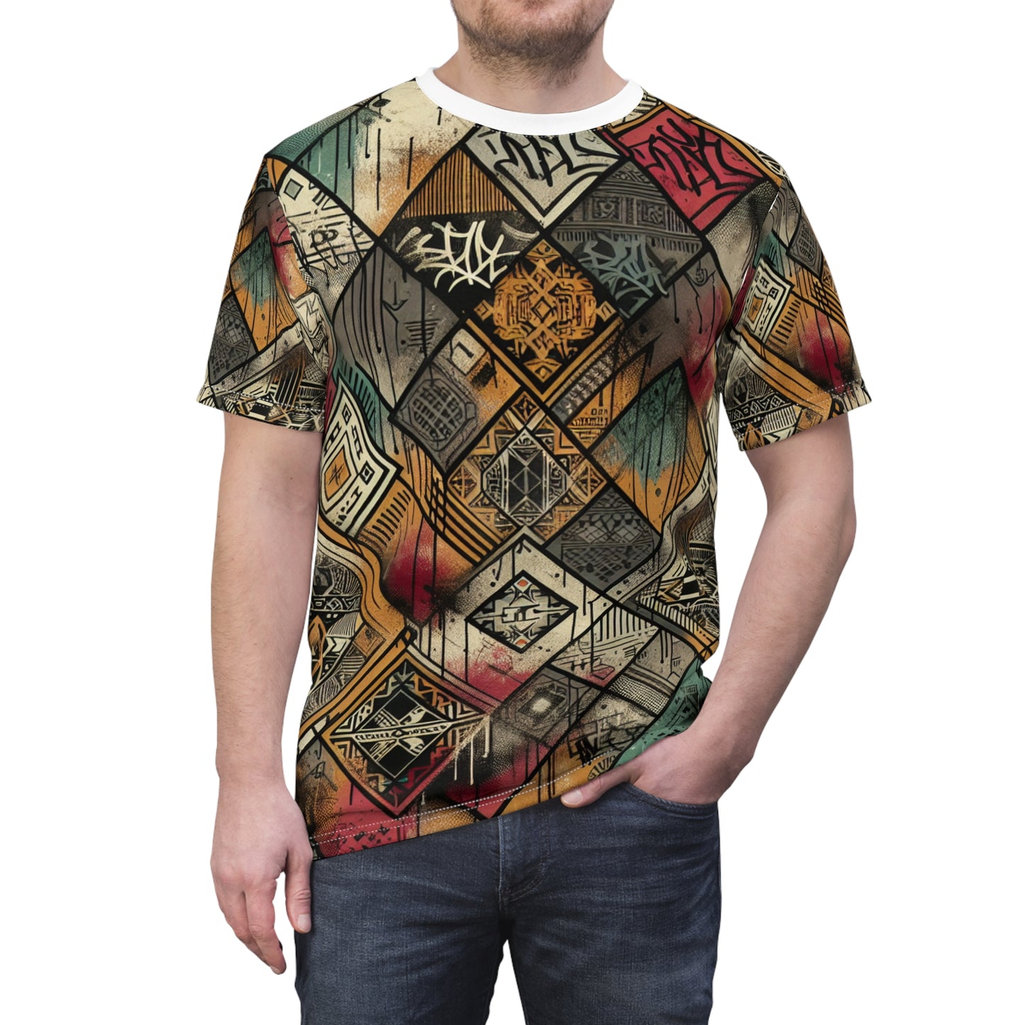 Africa Meets Street Art - Urban Graffiti Diamond Grid T-Shirt, Bold Geometric Design - African Tribal Pattern-Inspired Tee