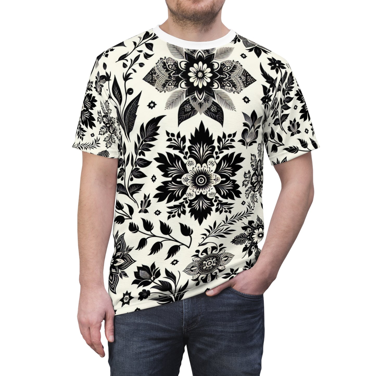 Classic Indian Heritage-Inspired Seamless Motif T-Shirt - Intricately Designed Black & White Pattern - Traditional Indian Motifs Tee