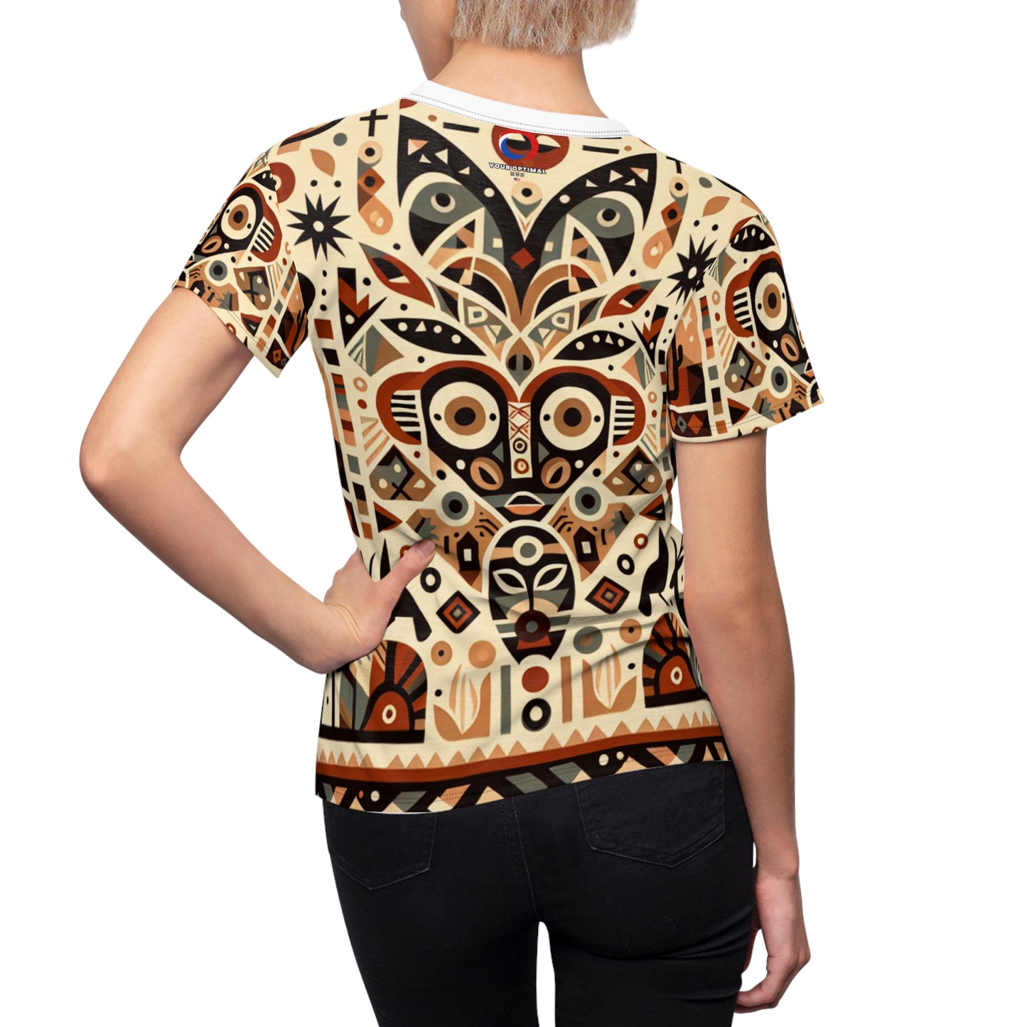 African-Southwestern Totem Symmetrical Women's Tee - Earthy Geometric Fauna & Flora, Storytelling T-Shirt - African Tribal Pattern-Inspired