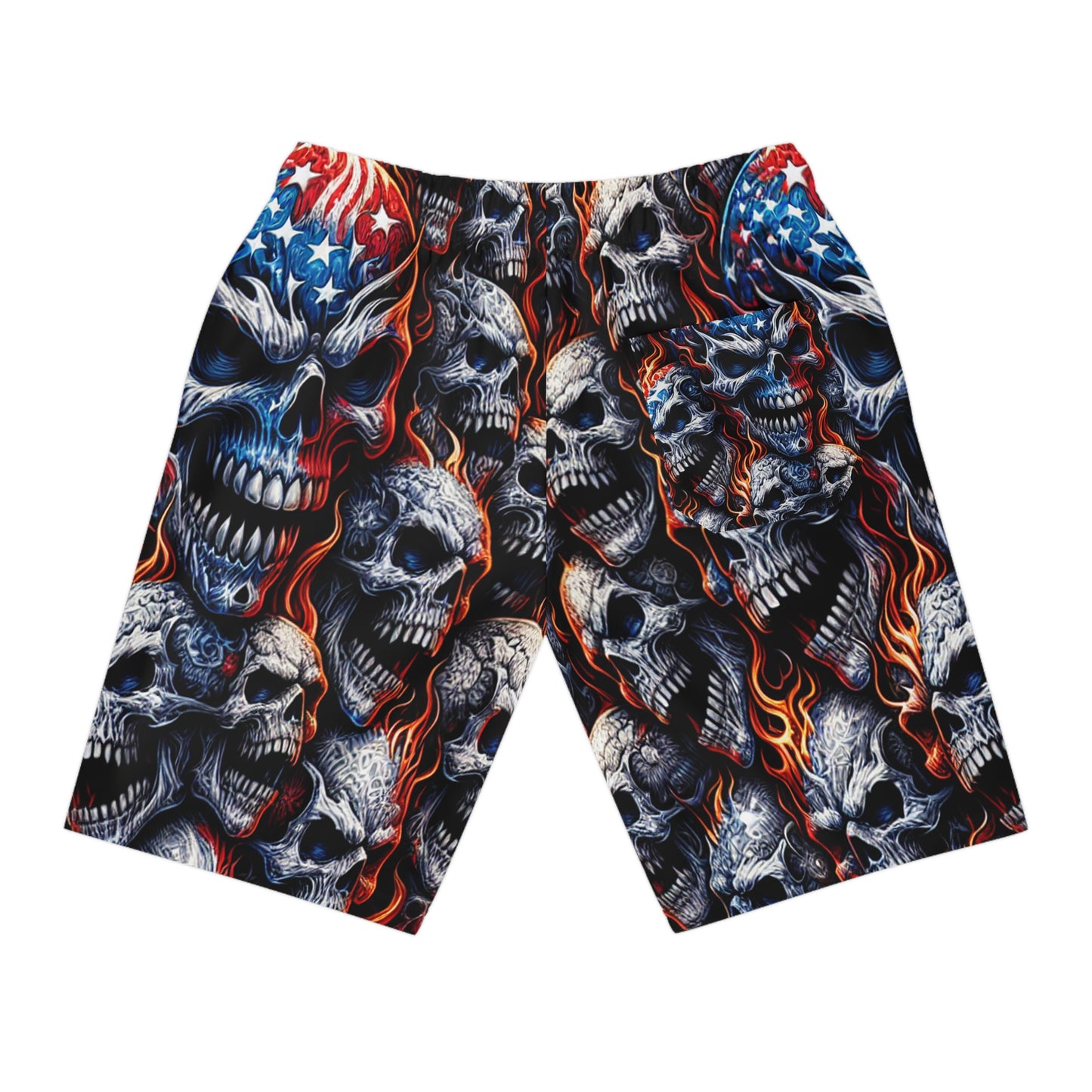 Patriotic Inferno: Skull Blaze Tattoo-Style Shorts - Patriotic Streetwear Shorts