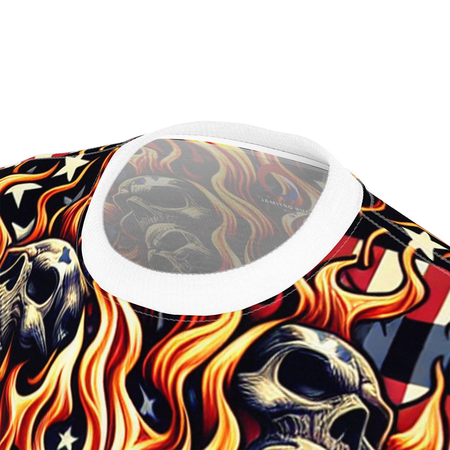 Fiery Patriotic Inferno: Skull-Drenched Tattoo-Style T-Shirt - Dynamic Design Tee