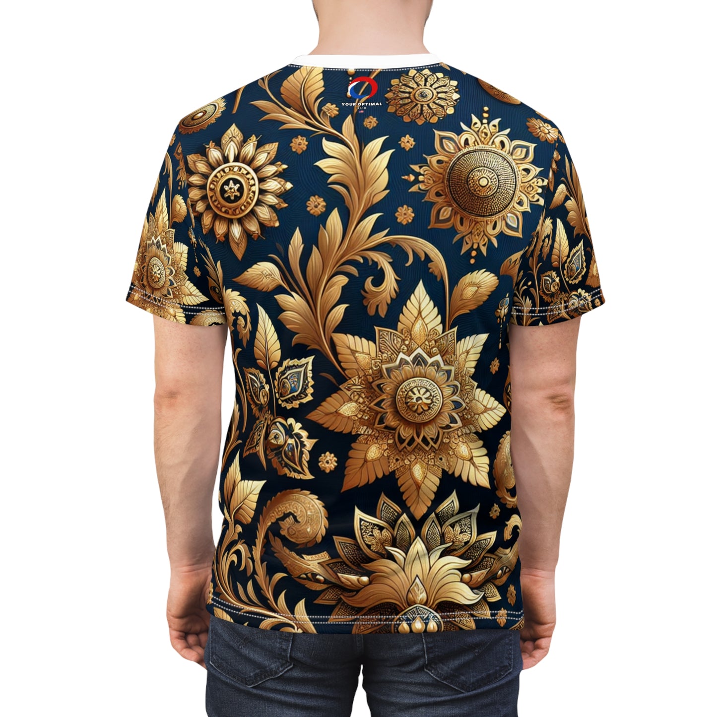 Golden Heritage - Traditional Indian Motif Patterned T-shirt: Seamless Intricate Design, Floral & Geometric Shapes, Rich Gold on Cool Blue