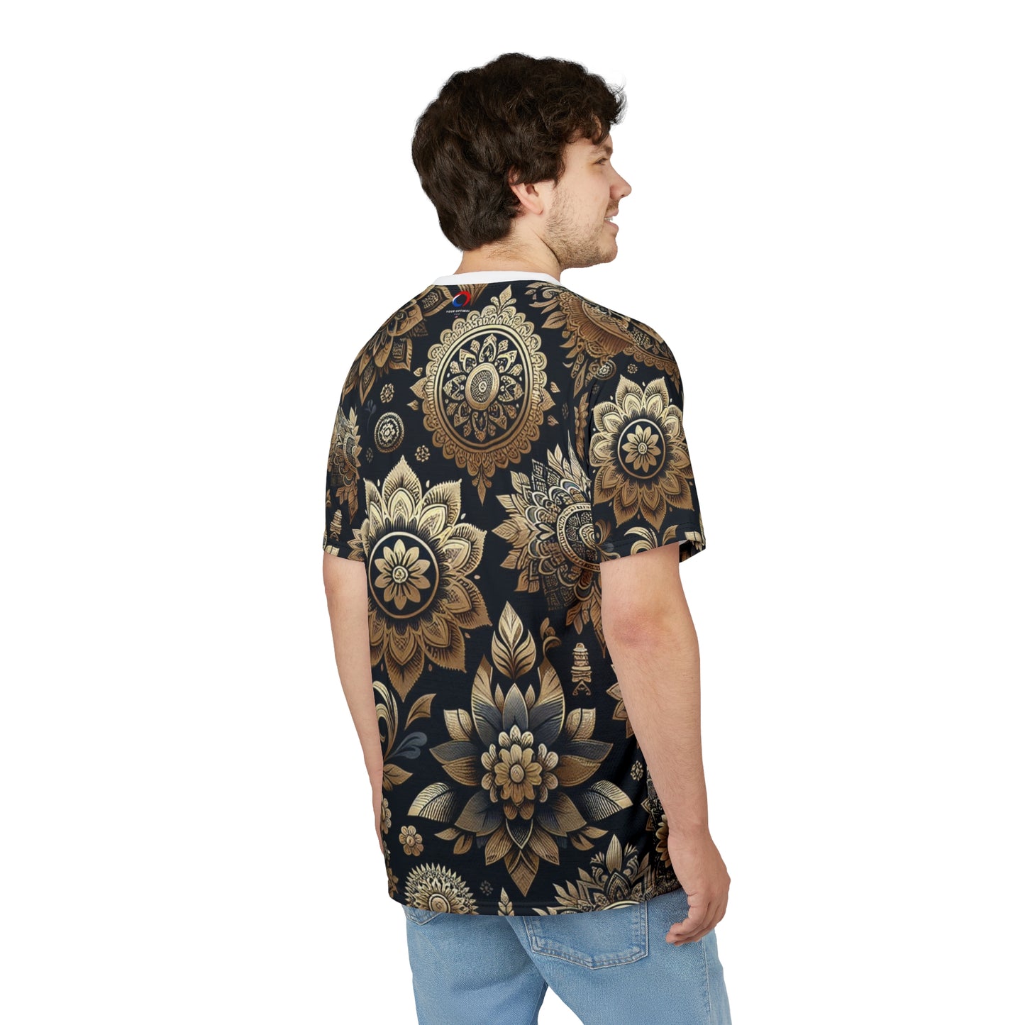 Gold on Black Indian Pattern Tee – Reflective Floral & Geometric Motif Design Shirt