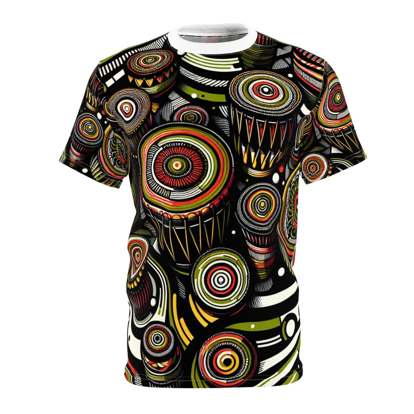 African Drum Dance Vibrant T-Shirt - Bold Kaleidoscope Pattern in Black, Red and Lime Green - African Tribal Pattern-Inspired Tee