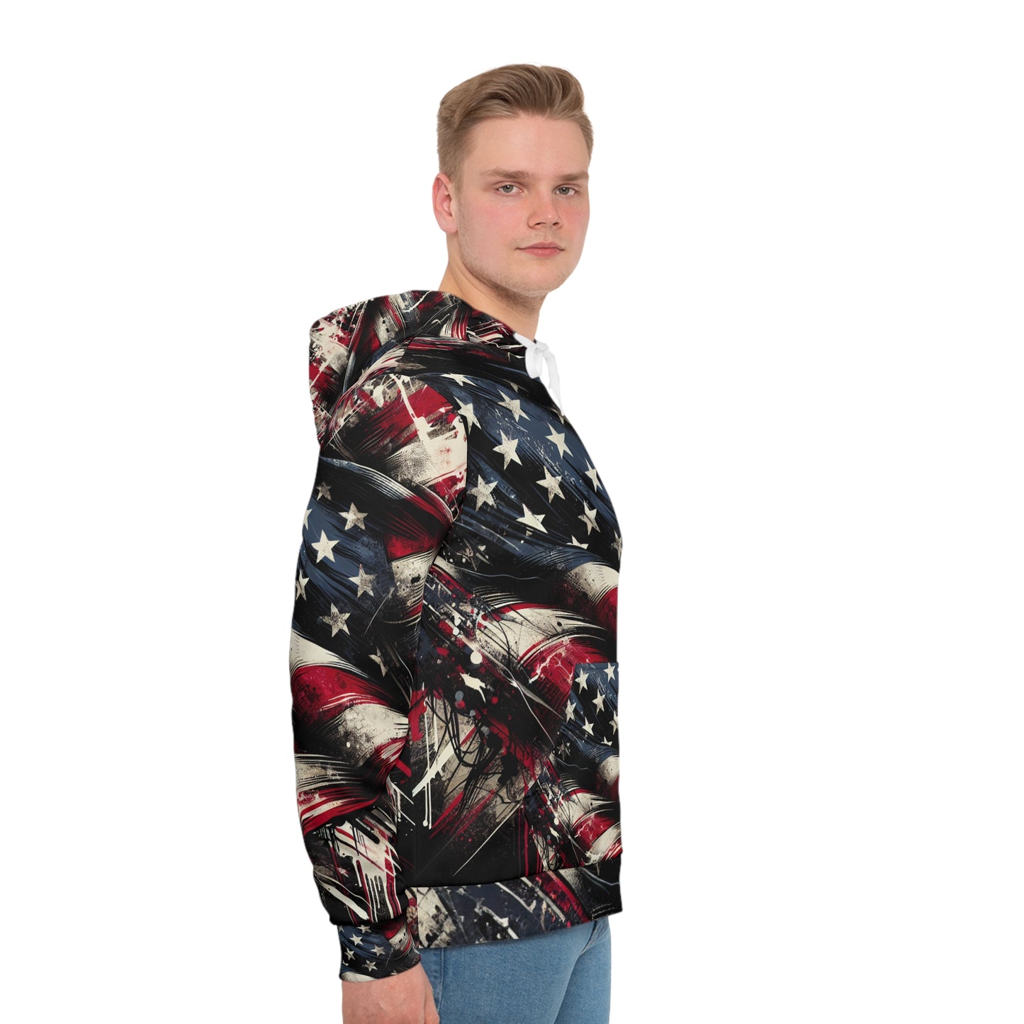 Intense Urban Patriotism: Grunge Streetwear Hoodie with Distressed Graffiti American Flag Artwork, Raw Energy Street Fashion