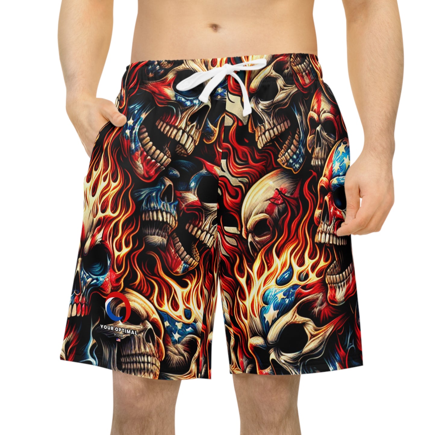 Flaming Skull Tattoo Fusion: Patriotic Fervor Men's Shorts - Patriotic Streetwear Shorts