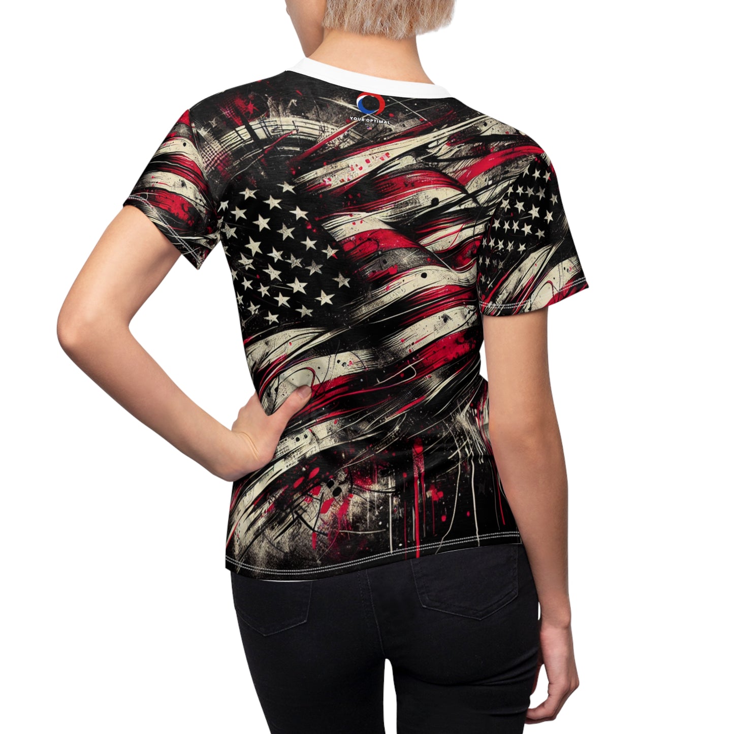 Grunge Patriot: Distressed & Splatter-Painted USA Flag Women's Streetwear T-shirt - Patriotic Streetwear Tee