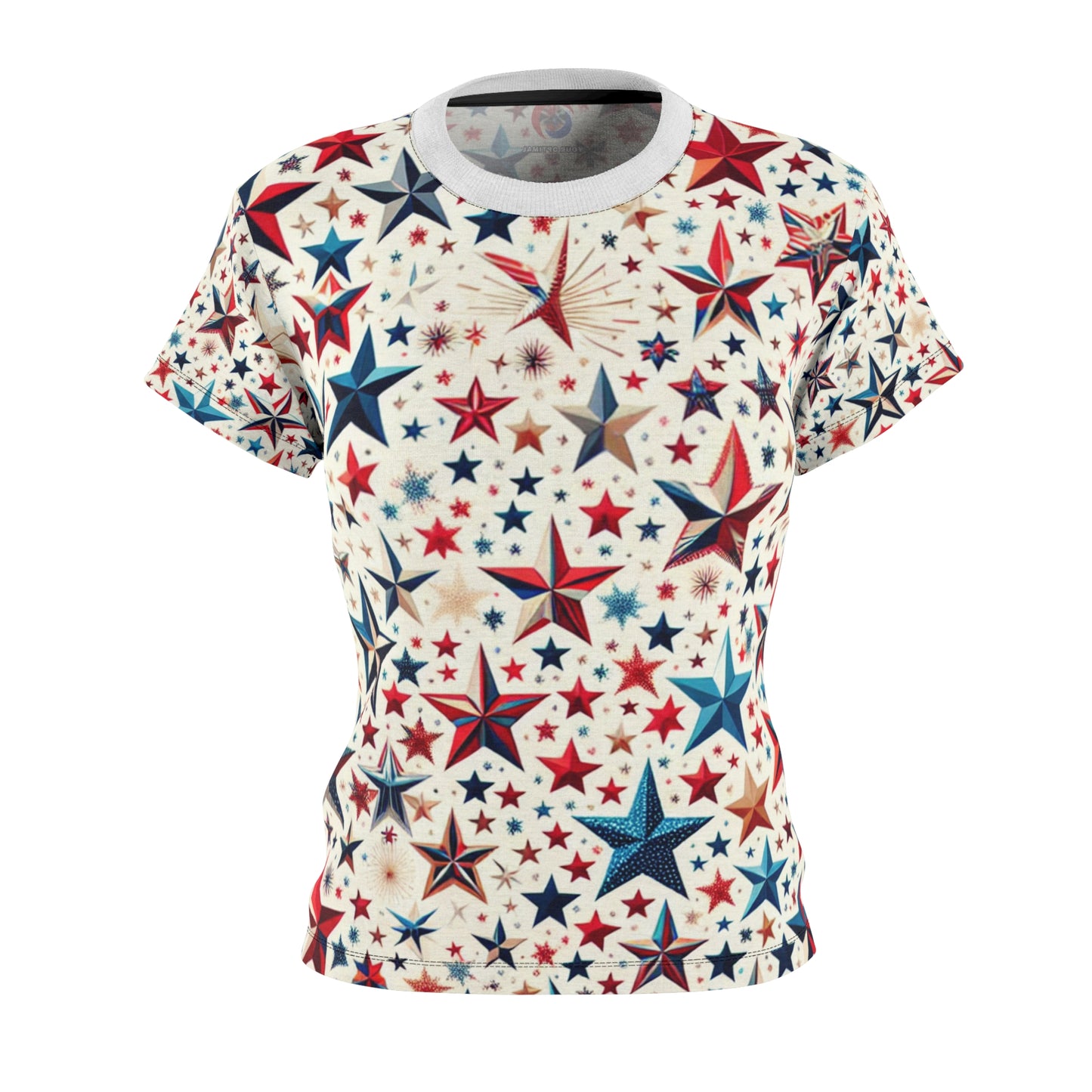 Women's Joyful Patriotic Star-Scattered T-Shirt - Vibrant Red, Blue & Gold for Festive Celebrations - Patriotic Streetwear Tee