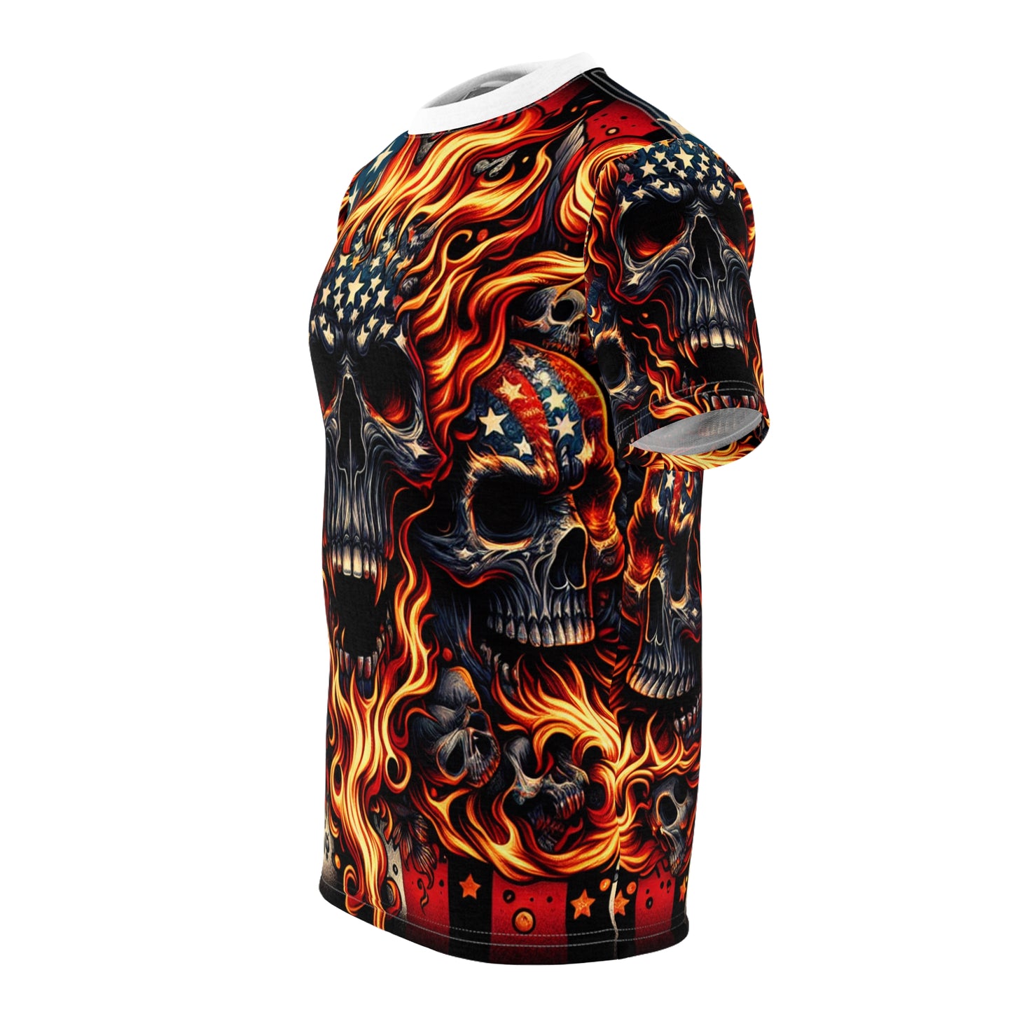 Fiery Patriotic Inferno: Skulls Unleashed in Bold American Glory T-shirt - Patriotic Streetwear Tee