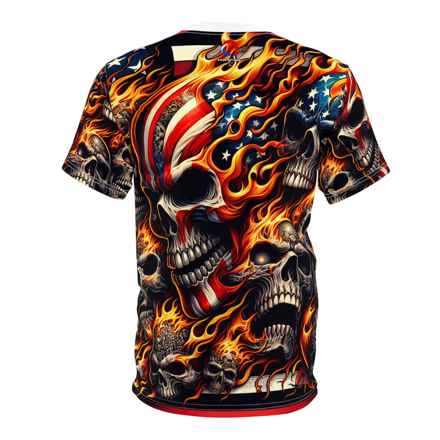 Skull Blaze Patriotism: Densely Designed Fire Fueled Skeleton Tee - Patriotic Streetwear Tee