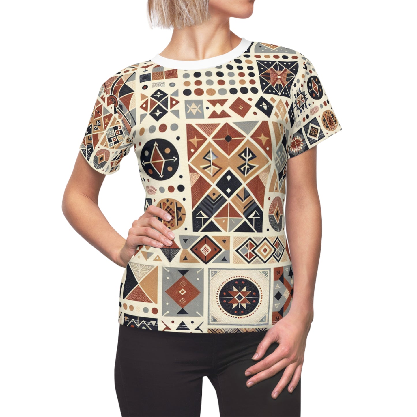 Berber Legacy: Women's Earthy-tone Storytelling Tattoo Tee with Rich Symbolism & Intricate Geometrics - African Tribal Pattern-Inspired