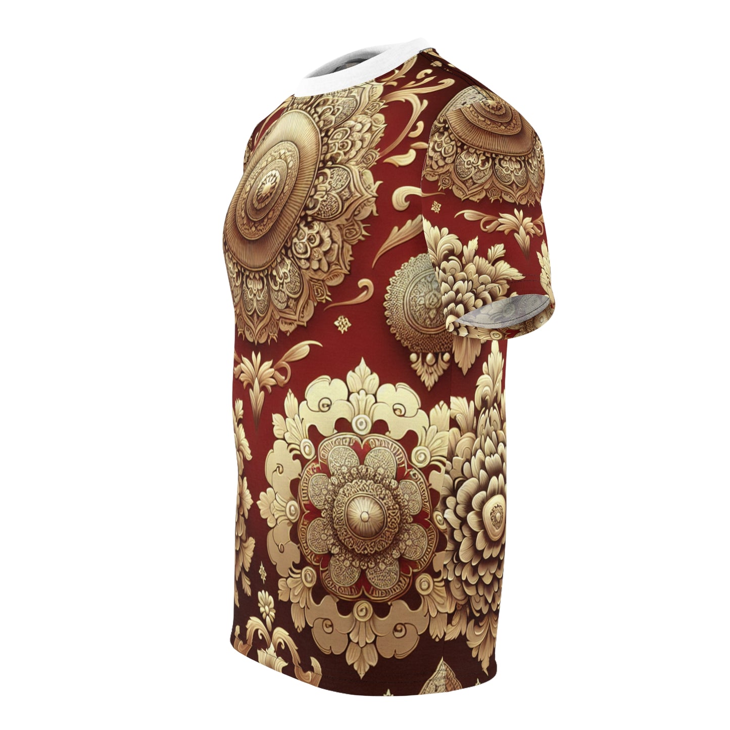 Exquisite Gold on Red Indian Motif Seamless Pattern T-Shirt: Intricately Designed Traditional Elements, Balanced Geometric and Floral Arrangement Tee