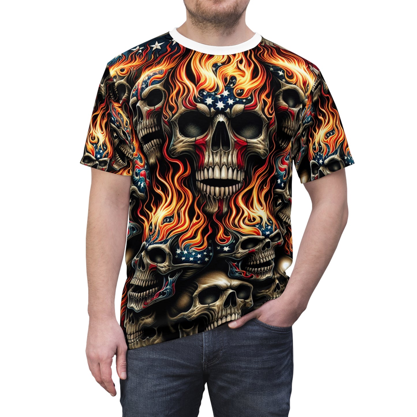 Flaming Patriot: Fiery Skulls and Stripes Extraordinaire T-Shirt - Patriotic Apparel