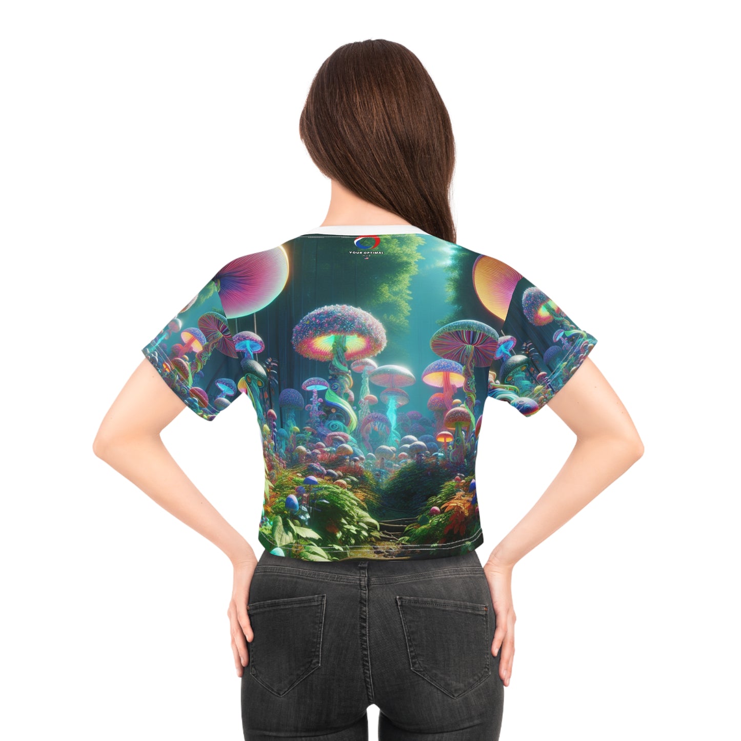 Enchanted Psychedelic Forest 3D Print Women's Crop Tee - Hyper-Realistic Neon Mushrooms & Vivid Flora - Women's Trippy Tee