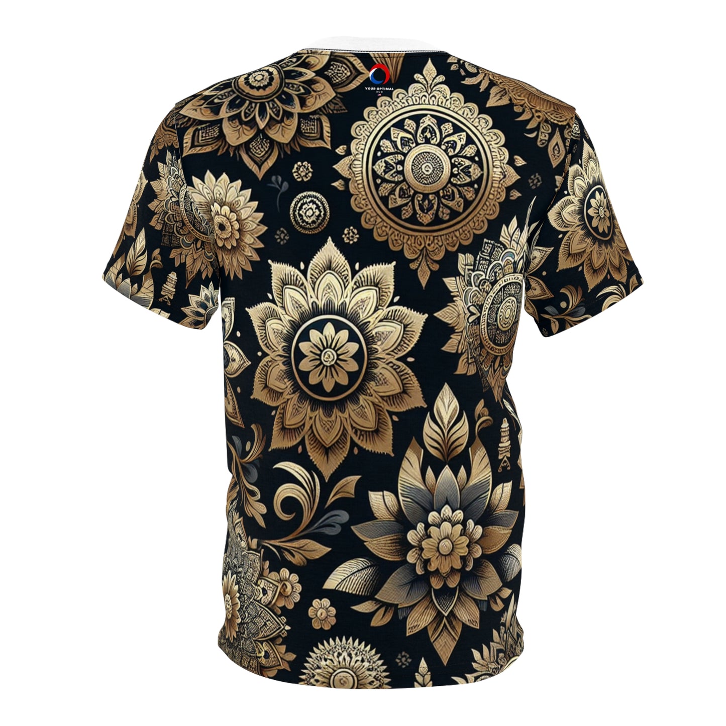 Gold on Black Indian Pattern Tee – Reflective Floral & Geometric Motif Design Shirt