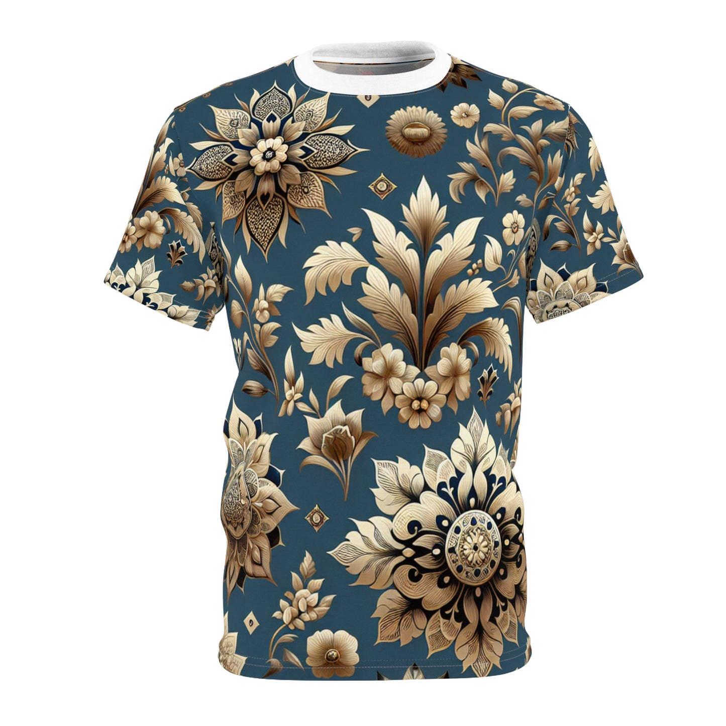 Floral & Geometric Indian Motif Collection: Luxurious Gold on Royal Blue T-Shirt with Seamless Pattern Design - Traditional Indian Motifs Tee