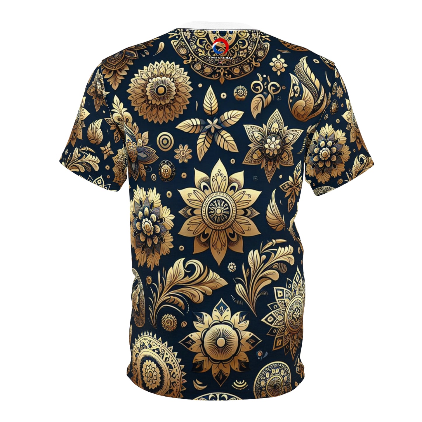 Gold Reflections: Traditional Indian Motif Seamless Pattern T-Shirt - Intricate Floral & Geometric Shapes on Blue Backdrop - Elegance of Rich Indian Motifs