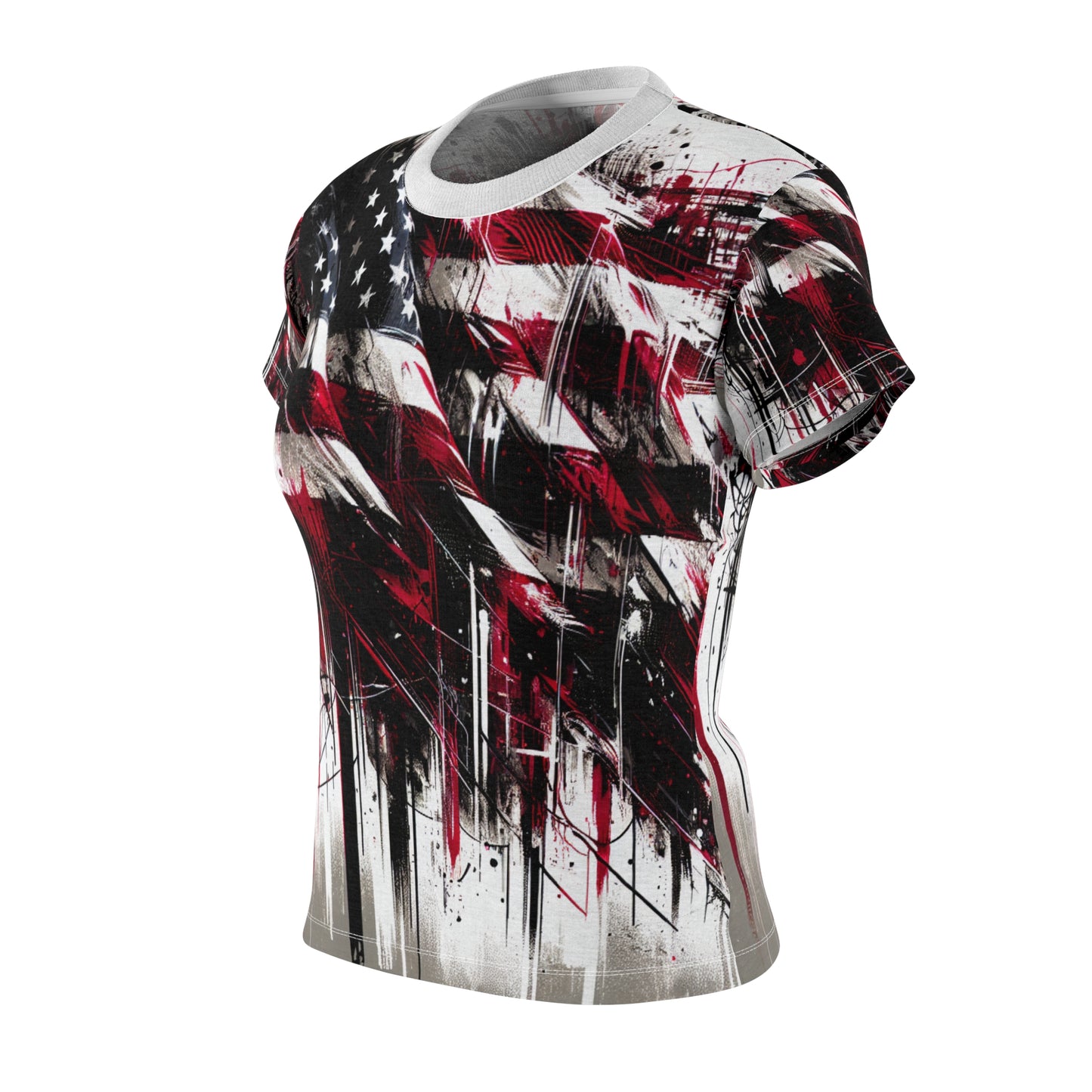 Distressed American Glory: Edgy Graffiti-Styled USA Flag Women's Tee for Bold Streetwear Fashionistas - Patriotic Streetwear