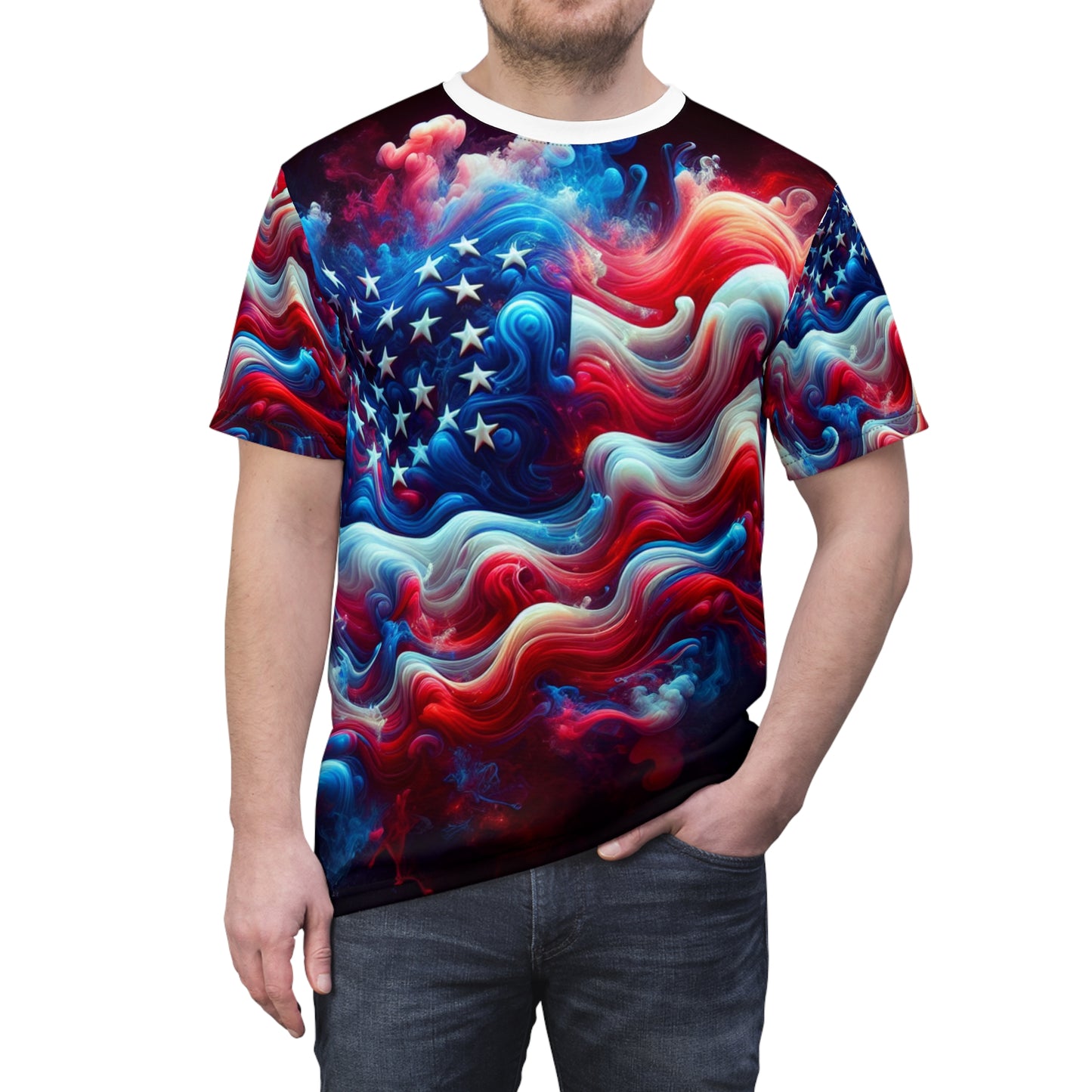 Captivating and Mystical American Flag T-shirt - Surreal, Smoke-Infused Artistic Design with Rich Color Transitions - Patriotic Streetwear Tee