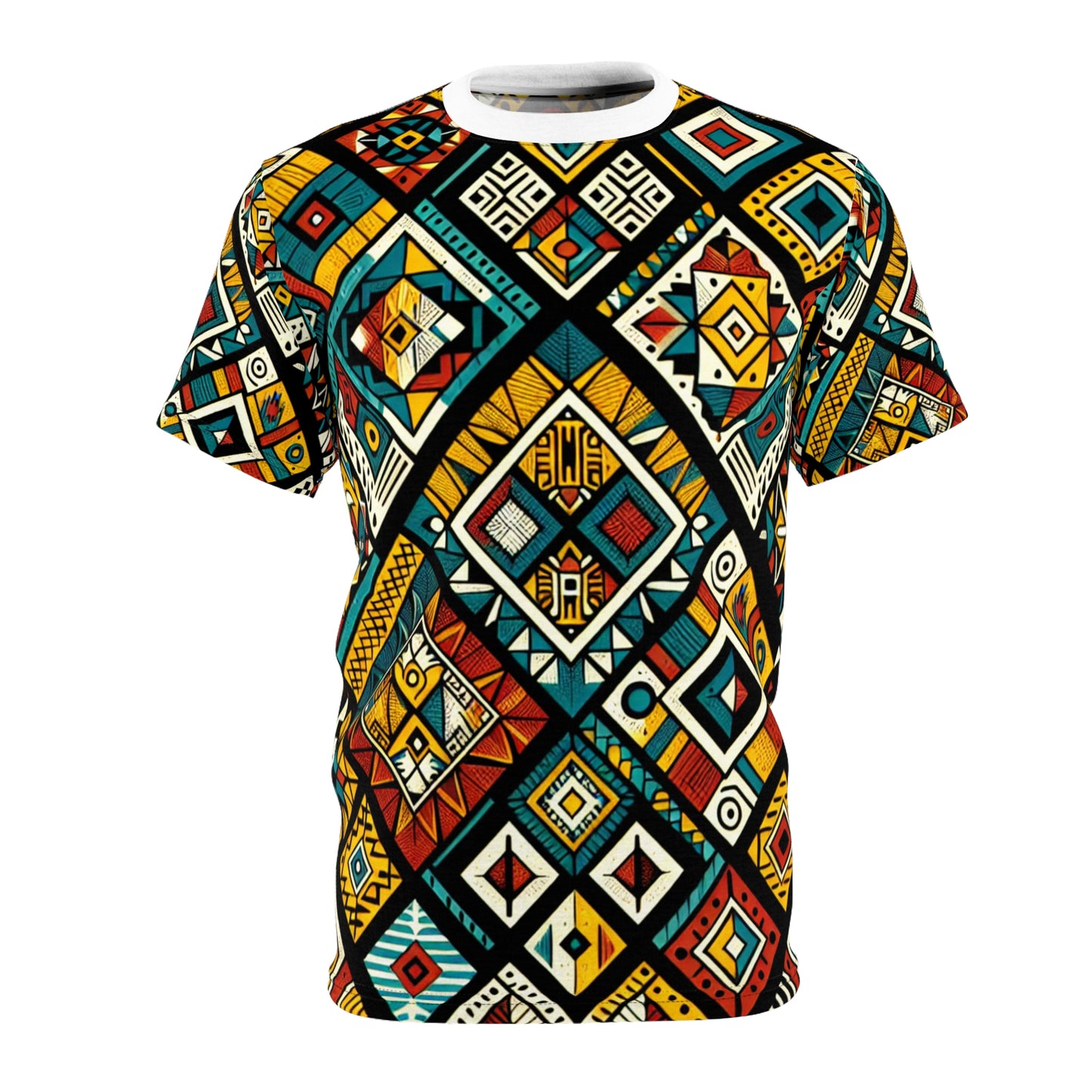 Vibrant African Storytelling Geometric Diamond Tribal Pattern T-shirt in Bold Colors - African Tribal Pattern-Inspired Tee