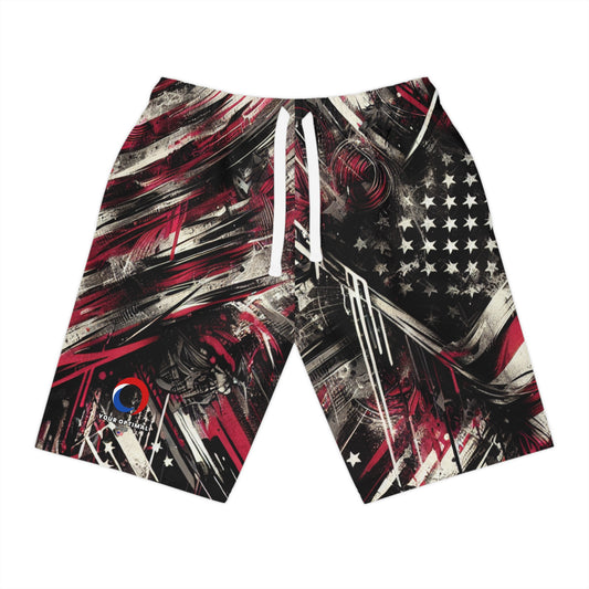 Grunge American Glory: Distressed Flag Graphic Shorts, Urban Streetwear Graffiti Inspired Abstract Art - Patriotic Streetwear Shorts