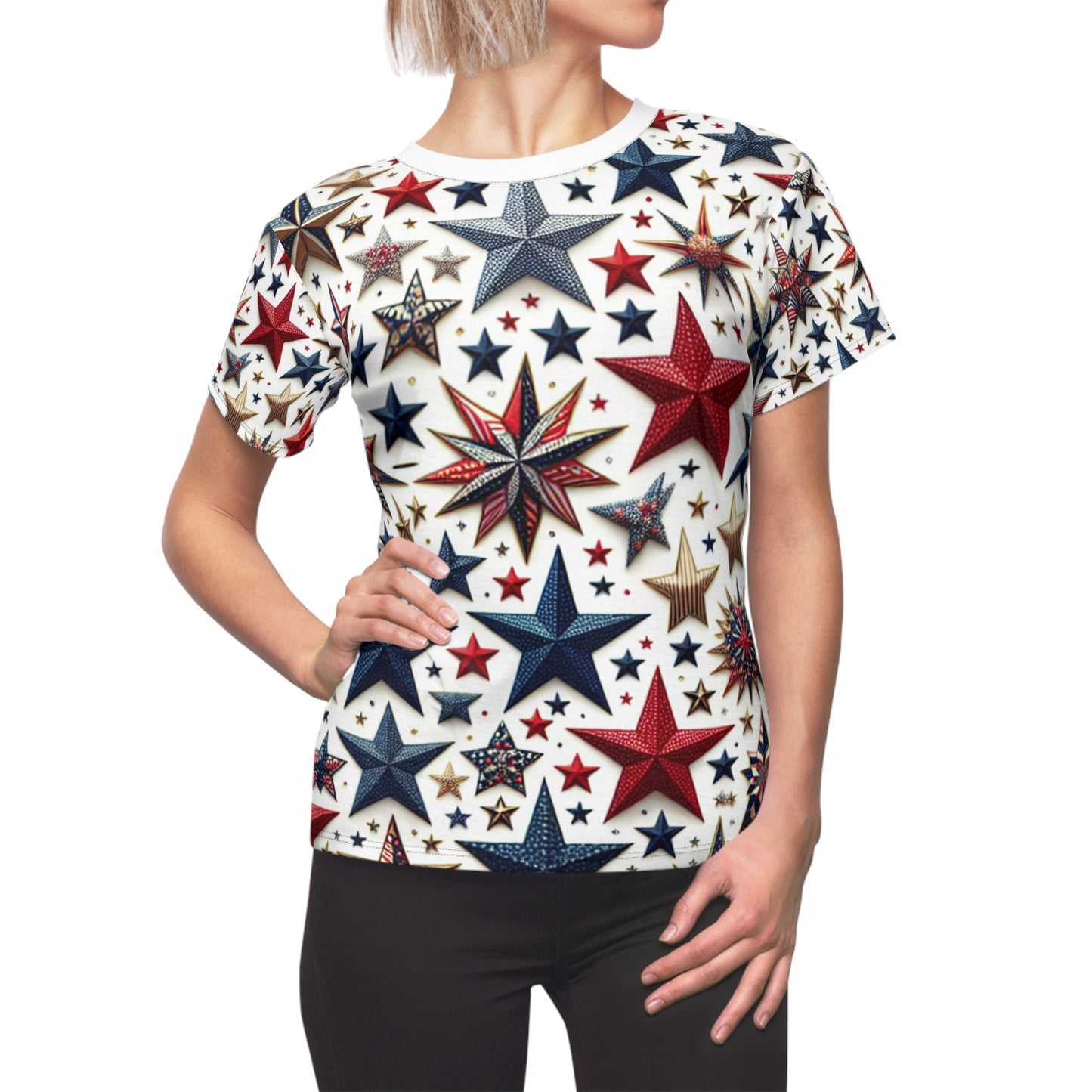 Patriotic Star-Spangled Women's T-Shirt in Red, Blue & Gold for Festive Celebration - Patriotic Streetwear Tee