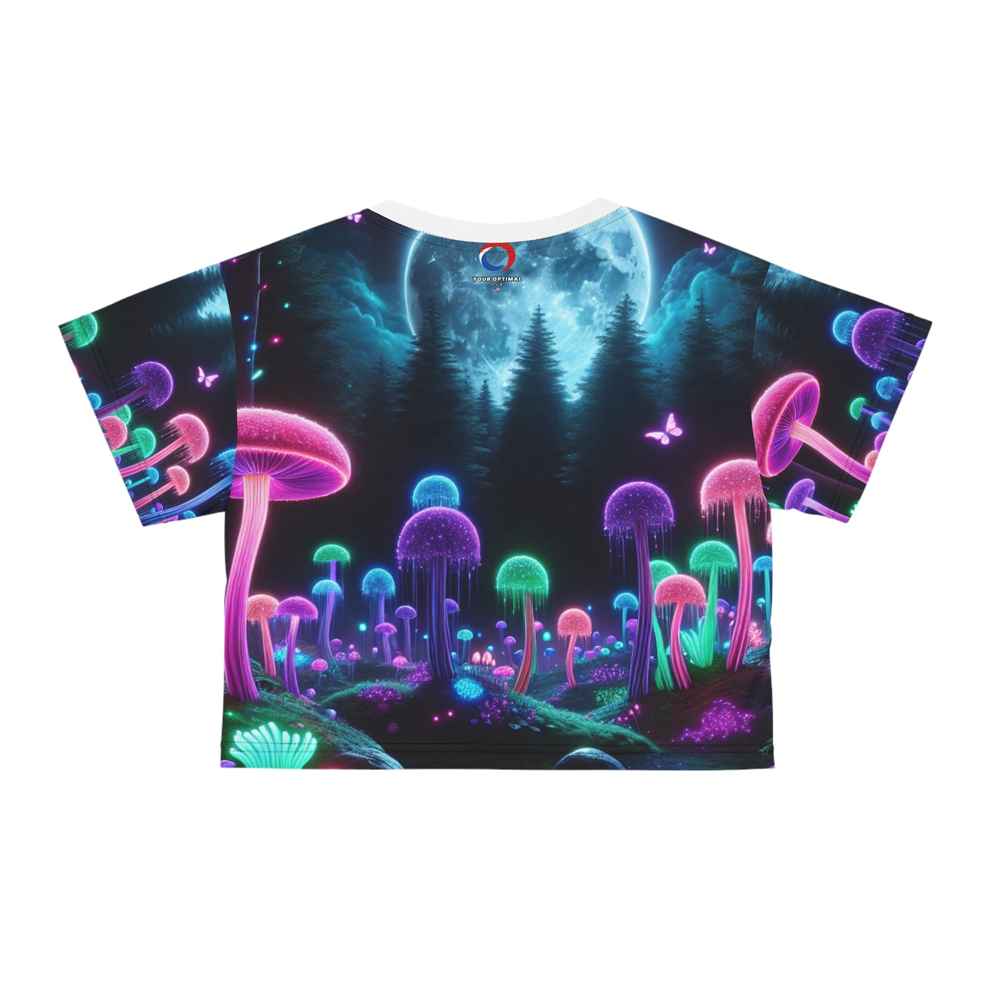 Blacklight Forest Fantasy Women's Crop Tee: UV-Reactant Neon Mushrooms, Full Moon & Magical Fireflies - Women's Blacklight Tee