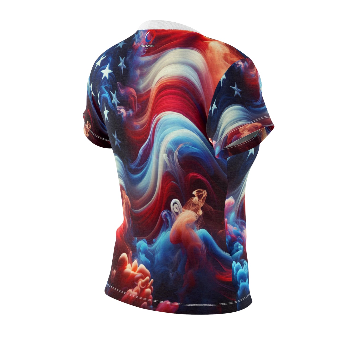 Mystical American Flag Women's T-Shirt: Surreal Stars & Stripes with Flowing Color Smoke - Patriotic Streetwear Tee